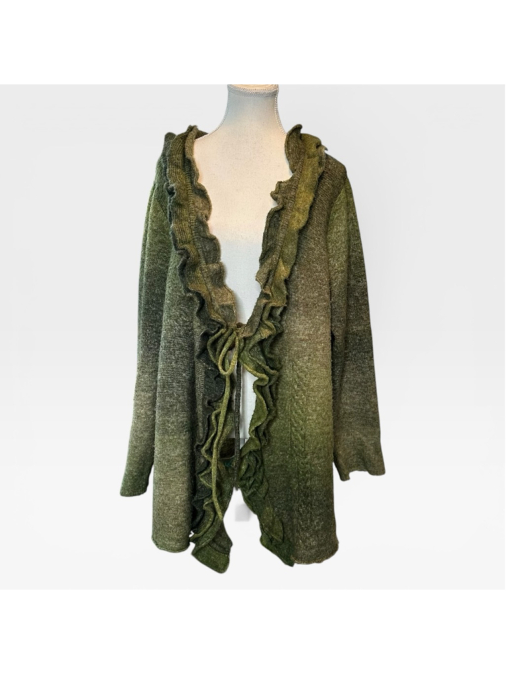 Vintage 90s Olive Green Ruffle Tie Front Cardigan Boho Fairy Grunge Sweater